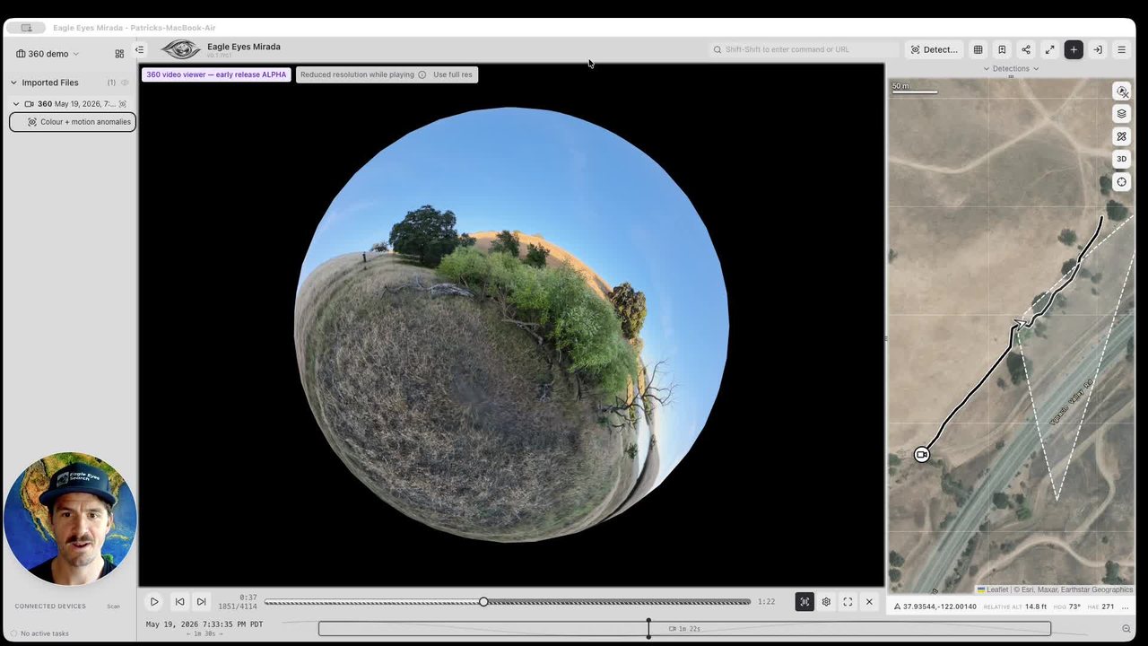 The 360 viewer in Eagle Eyes Mirada with the Eagle Eyes detector running on 360 video