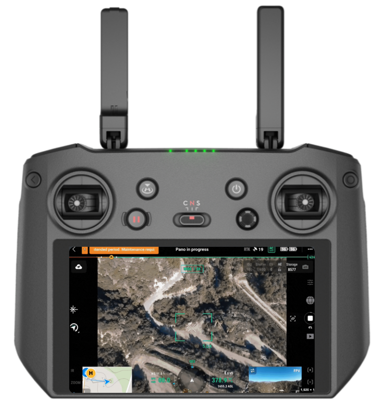 A DJI RC Pro controller flying in DJI Pilot 2 with Eagle Eyes Pilot running alongside in Companion Mode